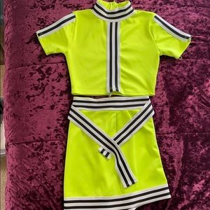 Highlight yellow two piece skirt set.